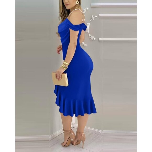 Women's Sexy Bodycon Blue Dress Off Shoulder Pearl Strap Midi Ruffle Cocktail - Picture 2 of 5